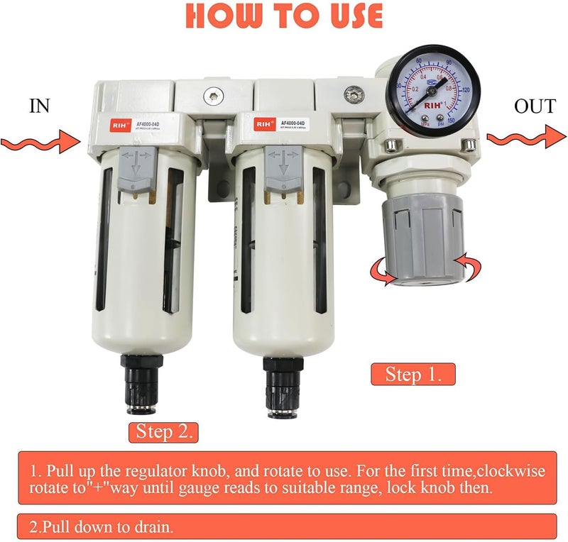 RIH Store Pneumatics 1/2'' NPT Auto Drain Compressed Air Double Filter & Regulator, Air Drying System, Air Compressor Water Separator, Auto Drain, Poly Bowl,0-150 psi Gauge, 5 Micron Brass Element (1/2 NPT) - Image 5